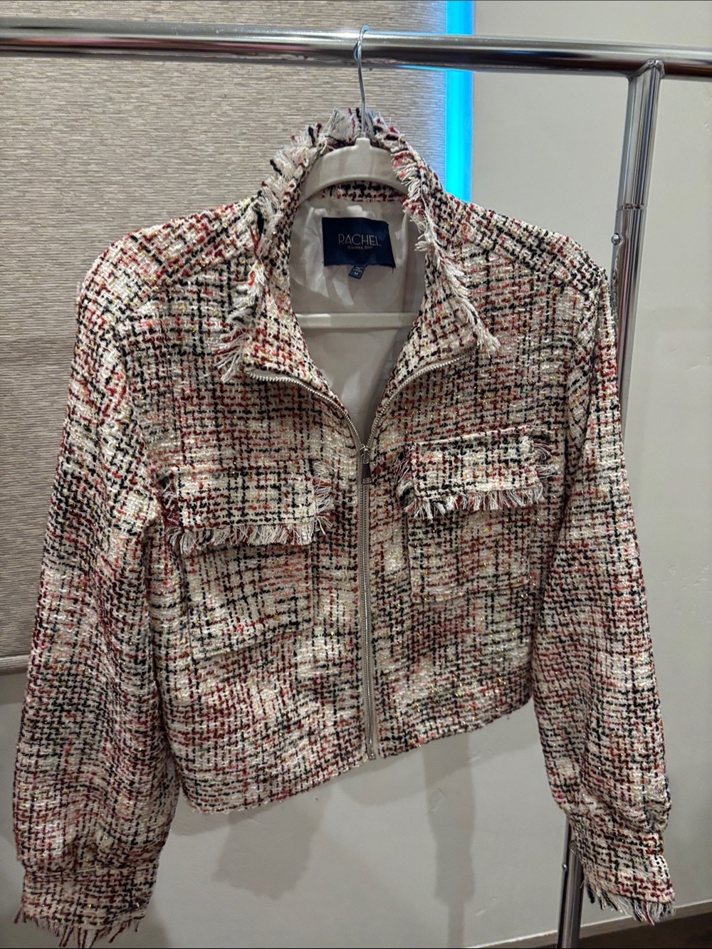 Rachel Cropped Tweed Zip Jacket - Pink, Black, Cream